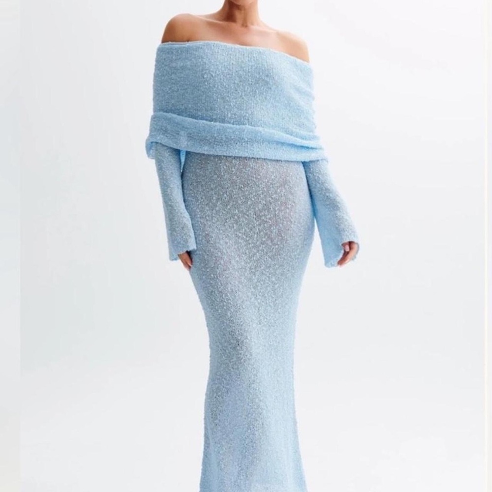 Meshki Blue Maxi Dress Off-Shoulder Knit
